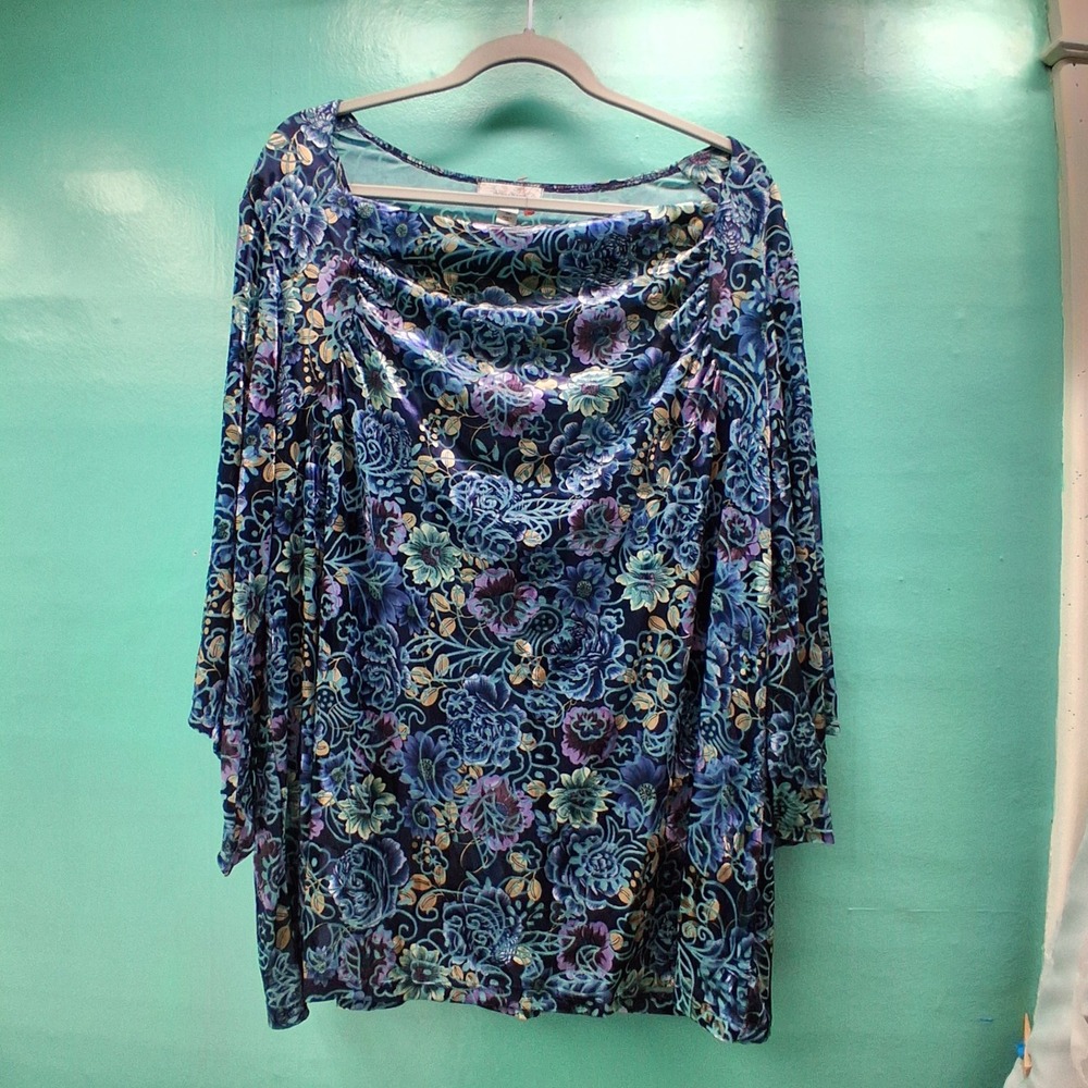 Dressbarn Cowl Neck Top 3X Blue Floral Velvet Feel Whimsigoth Artsy USA Made